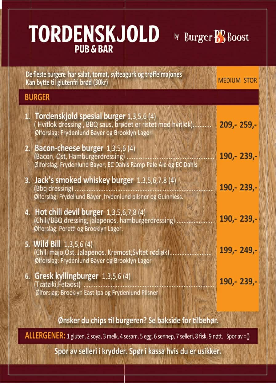 Burgermeny fra Burger Boost på Tordenskjold Pub