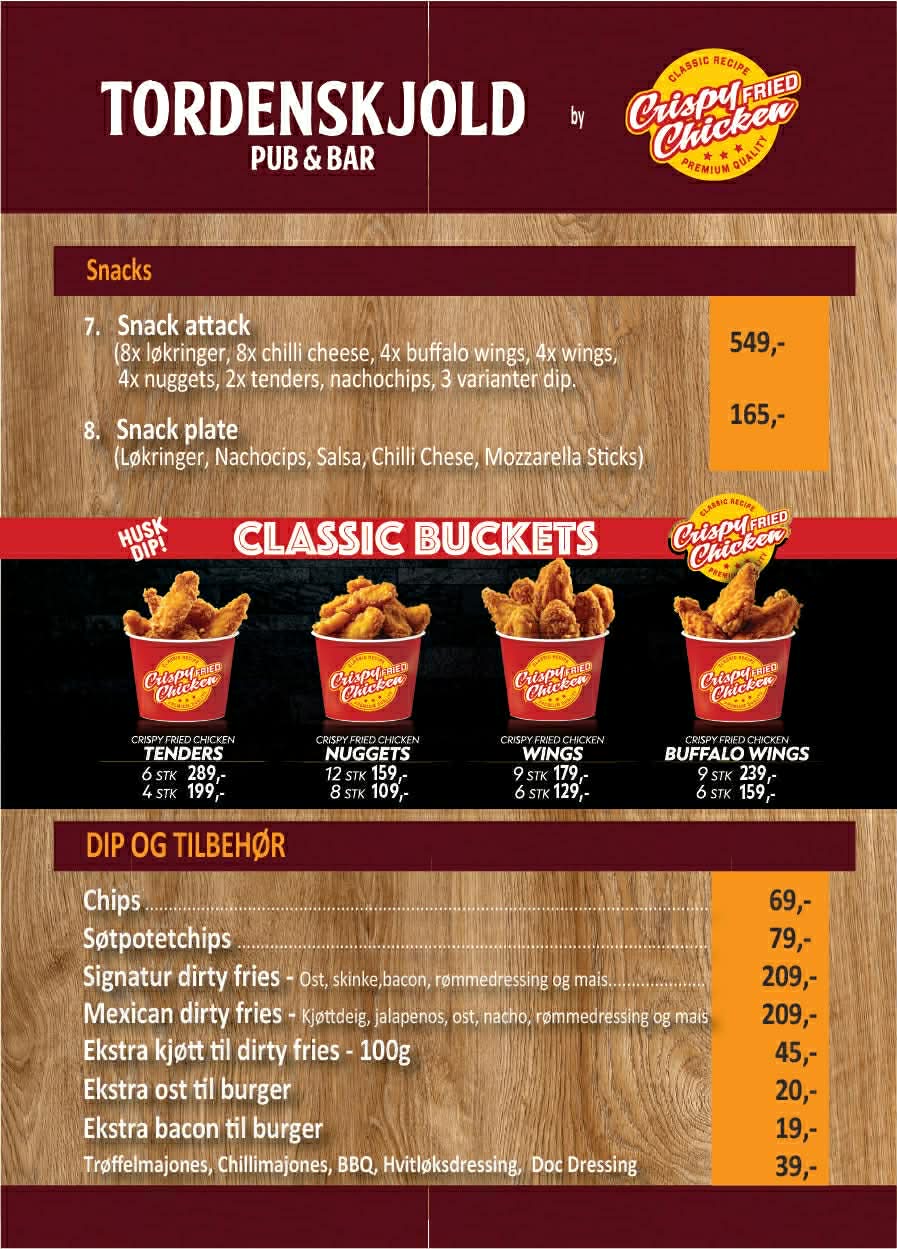 Snacks og chicken meny fra Crispy Fried Chicken på Tordenskjold Pub